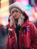 a woman wearing a red coat and hat in new york city generative ai photo