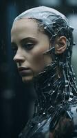 a woman wearing a robot suit in the rain generative ai photo