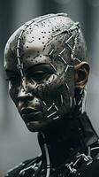 a woman wearing a robot head with metal parts on it generative ai photo