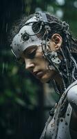 un mujer vistiendo un robot traje en el lluvia generativo ai foto