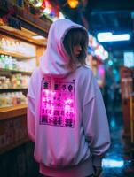 a woman wearing a white hoodie with neon lights on it generative ai photo