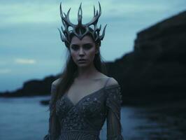 a woman wearing an antler headpiece standing by the ocean generative ai photo