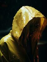 a woman wearing a yellow raincoat generative ai photo