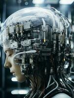 a woman wearing an electronic helmet with wires coming out of her head generative ai photo