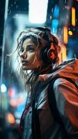 un mujer vistiendo auriculares en el lluvia generativo ai foto