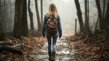 a woman with a backpack walking through the woods generative ai photo