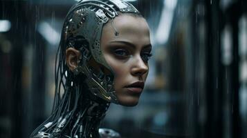 un mujer con un robot cabeza en un oscuro habitación generativo ai foto