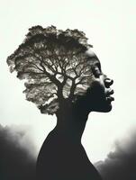 a woman with a tree in her head and clouds in the background generative ai photo