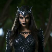 a woman with black makeup and a black costume standing in the woods generative ai photo