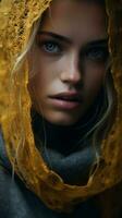 a woman with a yellow scarf on her head generative ai photo
