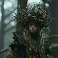 un mujer con cornamenta en su cabeza en el bosque generativo ai foto