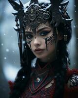 a woman with black hair and makeup in the snow generative ai photo