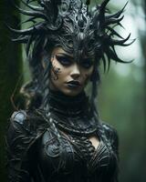 un mujer con negro maquillaje y cuernos en el bosque generativo ai foto