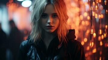 a woman with blonde hair and black jacket standing in front of lights generative ai photo