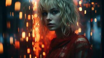 a woman with blonde hair and red dress standing in front of red lights generative ai photo