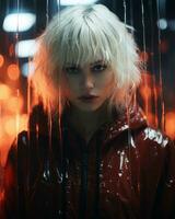 a woman with blonde hair and red jacket standing in front of a red light generative ai photo