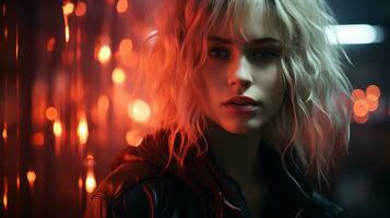 a woman with blonde hair and red lights in the background generative ai photo