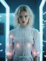 a woman with blonde hair standing in front of a mirror generative ai photo