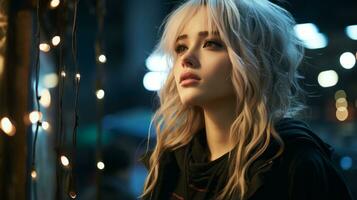 a woman with blonde hair standing in front of lights generative ai photo