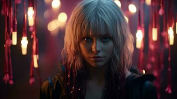 a woman with blonde hair standing in front of red lights generative ai photo