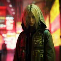 a woman with blonde hair standing in the rain generative ai photo