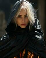 a woman with blonde hair wearing a black cloak generative ai photo