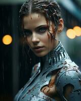 a woman with blood on her face in the rain generative ai photo