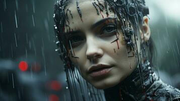 a woman with blood on her face in the rain generative ai photo