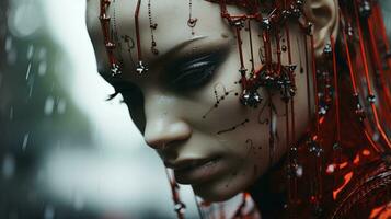 a woman with blood dripping down her face in the rain generative ai photo