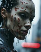 a woman with blood splattered on her face generative ai photo
