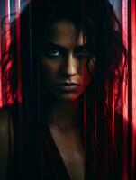 a woman with blue eyes and dark hair standing in front of a red curtain generative ai photo