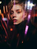 a woman with bright lights in the background generative ai photo