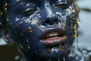 un mujer con azul pintar en su cara generativo ai foto