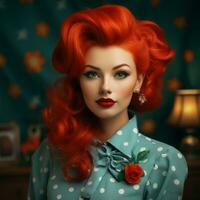 a woman with bright red hair and a polka dot dress generative ai photo