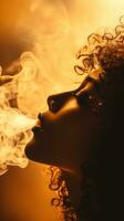 un mujer con Rizado pelo y fumar viniendo fuera de su boca generativo ai foto