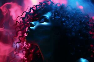 a woman with curly hair in front of neon lights generative ai photo