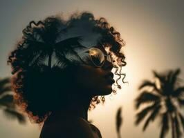 a woman with curly hair and sunglasses in front of palm trees generative ai photo