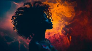 a woman with curly hair in front of a fire generative ai photo