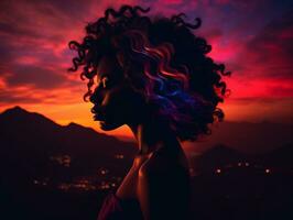 un mujer con Rizado pelo es silueta en contra el puesta de sol generativo ai foto