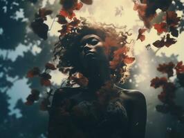 a woman with curly hair is surrounded by red leaves generative ai photo