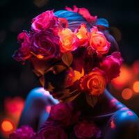 un mujer con flores en su cabeza y cara generativo ai foto