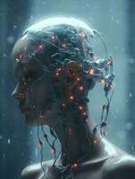 a woman with glowing red lights on her head generative ai photo