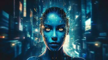 a woman with glowing blue eyes in a futuristic city generative ai photo