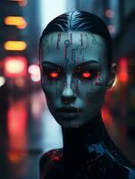 a woman with glowing red eyes in the city generative ai photo