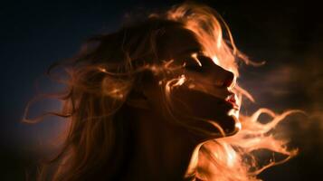 a woman with her hair blowing in the wind generative ai photo