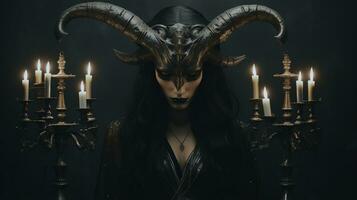 a woman with horns and candles in front of a black background generative ai photo