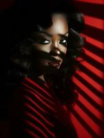 a woman with long black hair in front of a red background generative ai photo
