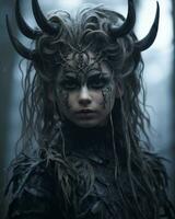 a woman with horns on her face in the woods generative ai photo