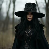 a woman with long black hair wearing a black hat in the woods generative ai photo