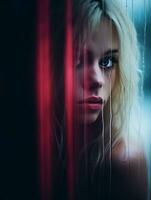 a woman with long blonde hair in the rain generative ai photo